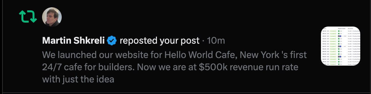 Martin Shkreli (verified) reposting: $500k revenue run rate with just the idea