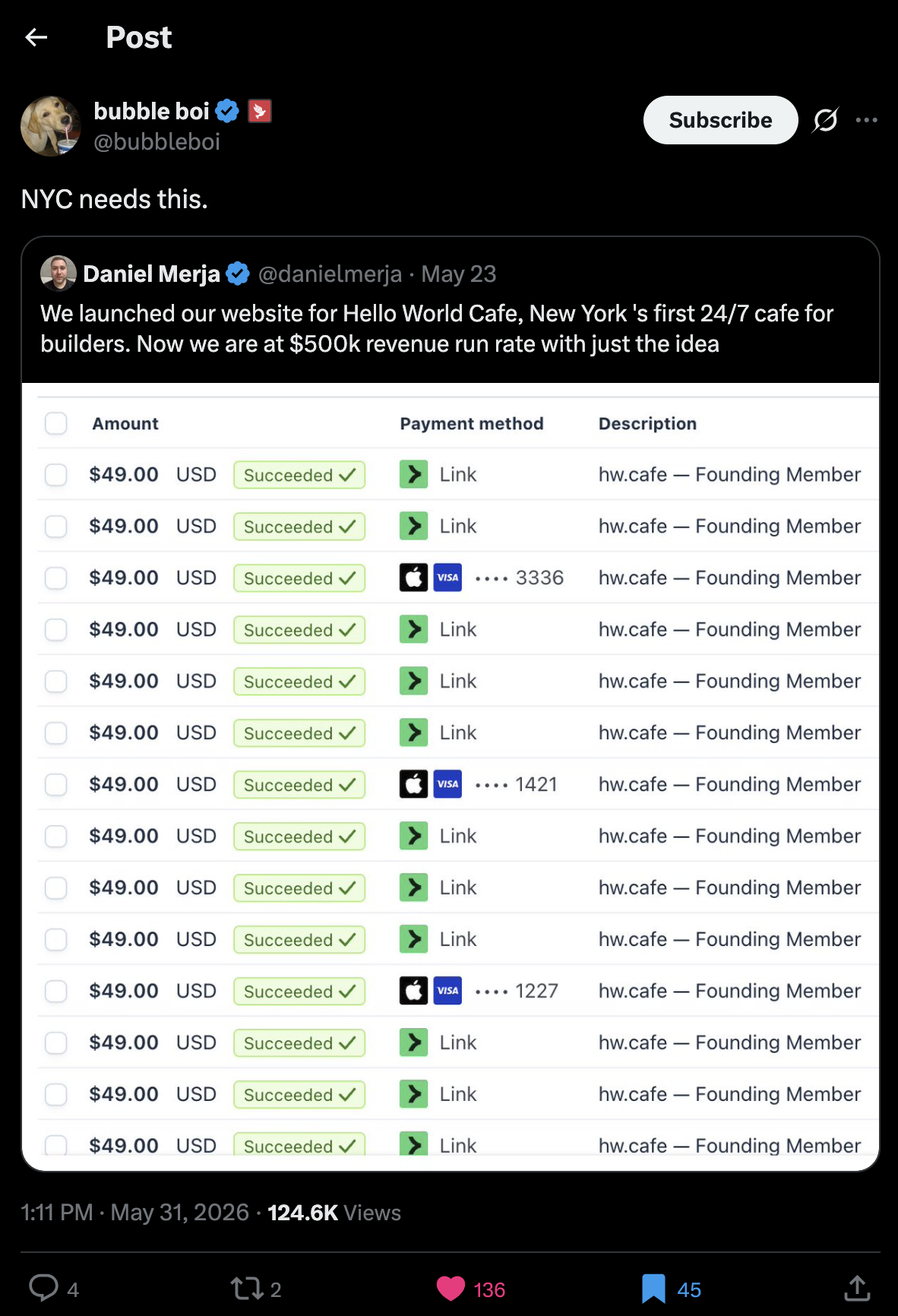 bubble boi: NYC needs this — a wall of $49 founding member receipts, 124.6K views